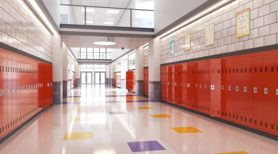 school hallway long and red lockers